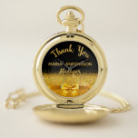 Retirement Manager black gold bow thank you Pocket Watch<br><div class="desc">Elegant,  classic,  glamorous and feminine. A gift for a retired Manager.  A faux gold colored bow and ribbon with golden glitter and sparkle,  a bit of bling and luxury. Black background. With the text: Thank You,  templates for a name and occupation,  profession.</div>