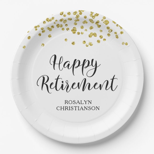 Retirement Modern Gold Confetti Name Paper Plates (Front)