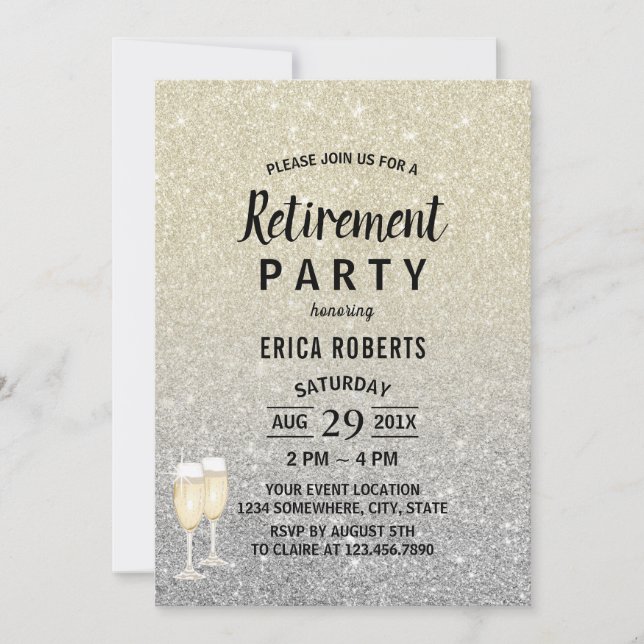 Retirement Modern Ivory & Silver Glitter Invitation (Front)
