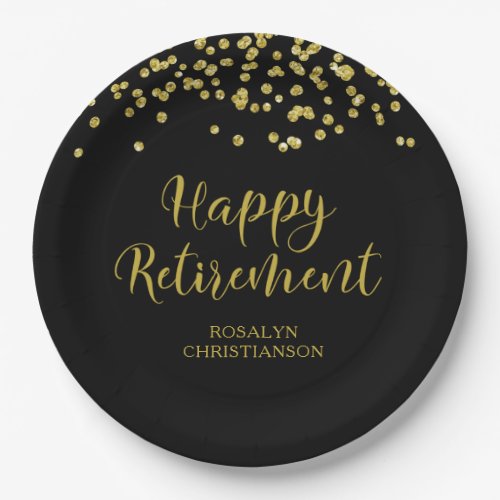 Retirement Modern Script Gold Confetti Name Paper Plates