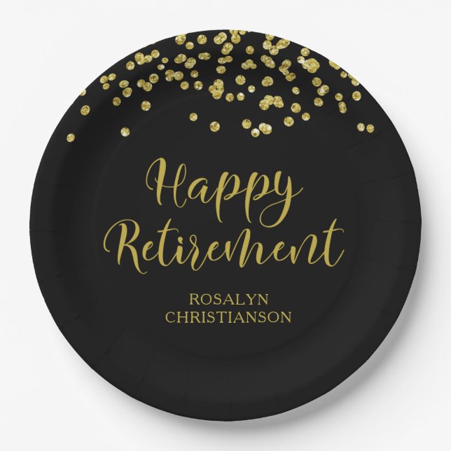 Retirement Modern Script Gold Confetti Name Paper Plates (Front)