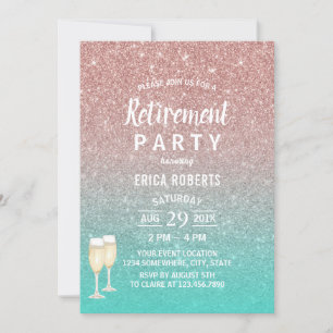 Retirement Modern Turquoise & Rose Gold Glitter Invitation