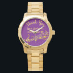 Retirement music teacher purple gold notes watch<br><div class="desc">Simple and elegant retirement gift for a female music teacher! A classic Purple colored background with faux gold music notes. Template for a name,  and the thext: Thank You,  golden letters.   Thank you is written with a modern hand lettered style script.</div>