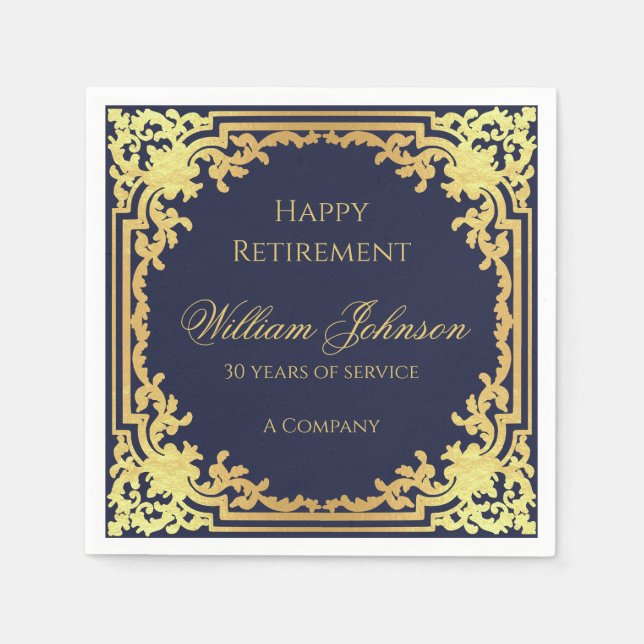 Retirement Navy Blue Elegant Script Faux Gold Foil Napkins (Front)