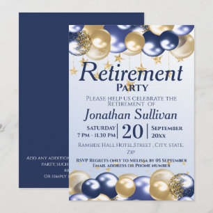 Retirement Navy Gold Balloons Party Invitation