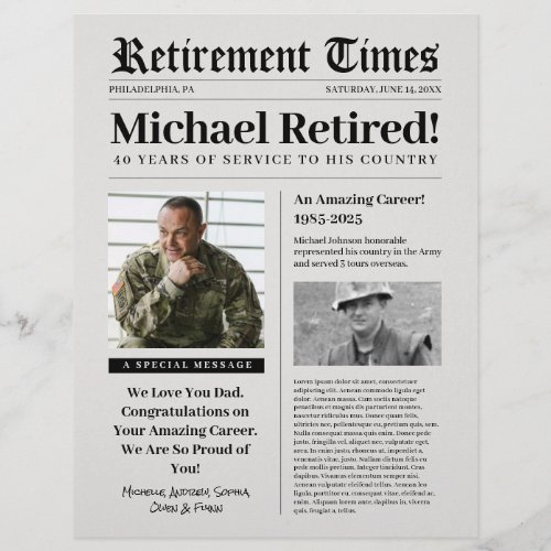 Retirement Newspaper Sign Gift Military  Letterhead