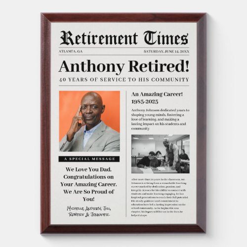 Retirement Newspaper Wood Plaque Gift Teacher