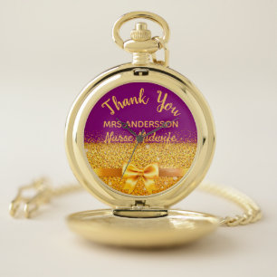 Retirement nurse midwife purple gold bow thank you pocket watch