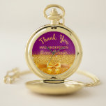 Retirement nurse midwife purple gold bow thank you pocket watch<br><div class="desc">Elegant,  classic,  glamorous and feminine. A gift for a retired nurse midwife.   A faux gold colored bow and ribbon with golden glitter and sparkle,  a bit of bling and luxury. Purple colored background. With the text: Thank You,  templates for a name and occupation,  profession.</div>