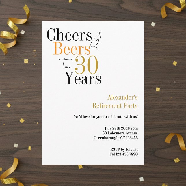 Retirement Party 30 Years Cheers and Beers Minimal Invitation (Creator Uploaded)