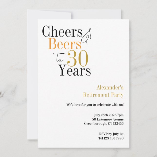 Retirement Party 30 Years Cheers and Beers Minimal Invitation (Front)