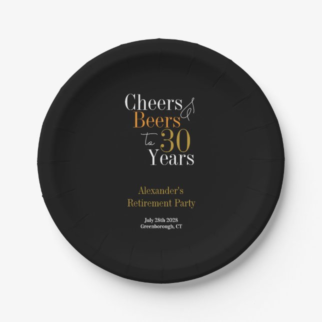 Retirement Party 30 Years Cheers and Beers Paper Plates (Front)