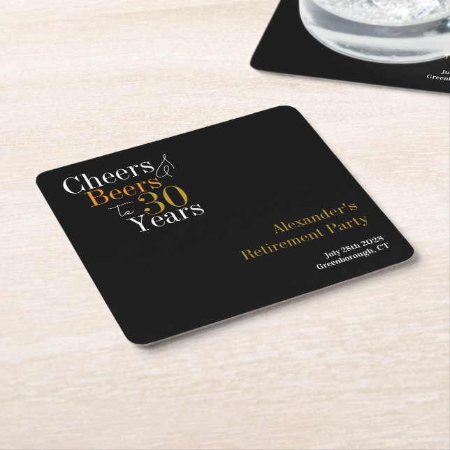 Retirement Party 30 Years Cheers and Beers Square Paper Coaster (Angled)