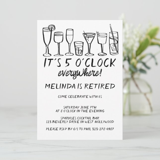 RETIREMENT PARTY 5PM EVERYWHERE Cocktail Drinks Invitation (Standing Front)
