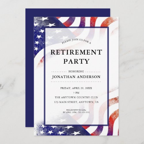 Retirement Party American Flag Background Invitation - This retirement party invitation features a modern background of the American Flag. The red, white and blue invitation offers custom text for you to add your retirement party details.