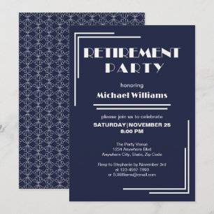 Retirement Party Art Deco Retro Bleu White Invitation