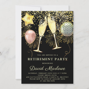 Retirement Party Balloons Gold Glitter Black Invitation