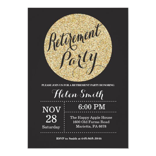 Retirement Party Black and Gold Glitter Invitation | Zazzle.com