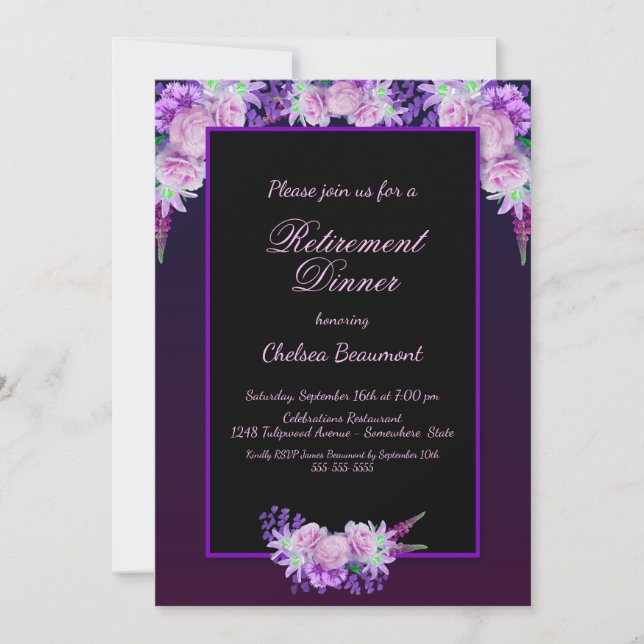 Retirement Party Black and Purple Floral Dinner Invitation (Front)
