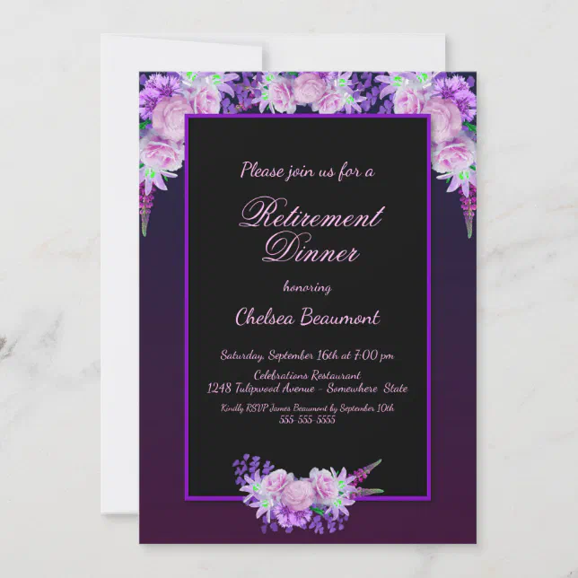 Retirement Party Black and Purple Floral Dinner Invitation | Zazzle