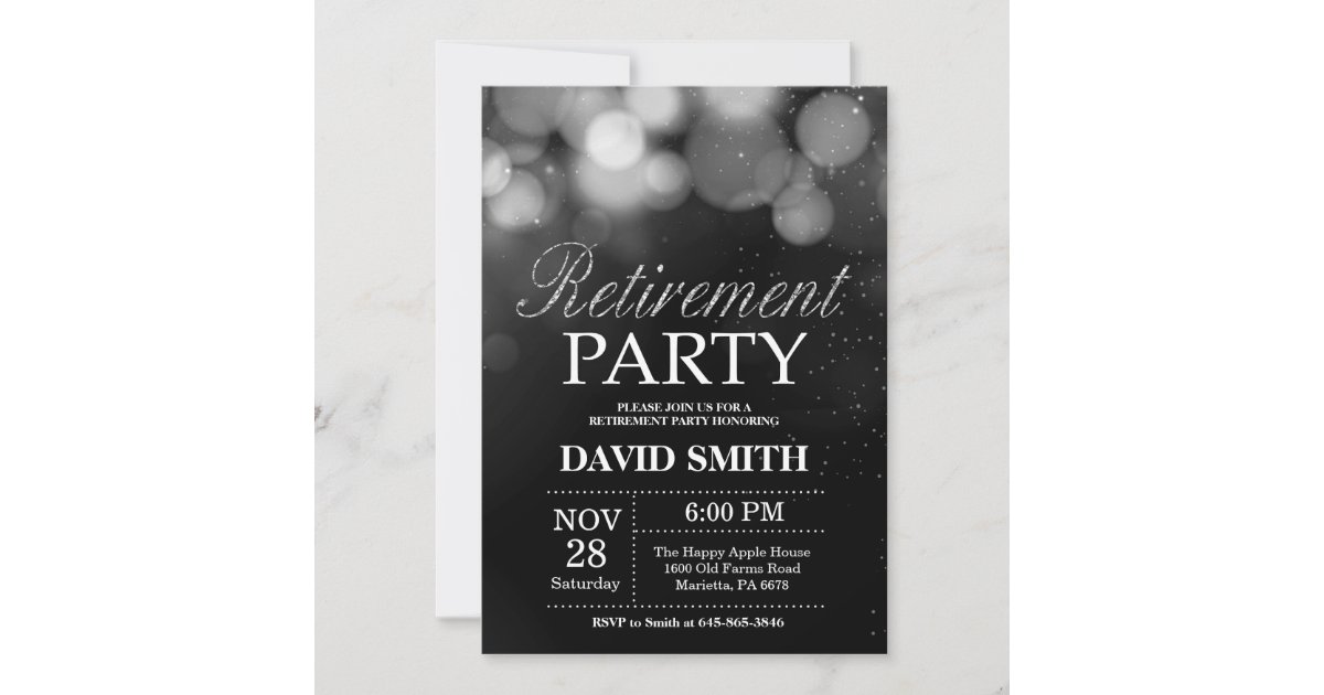 Retirement Party Black and Silver Glitter Invitation | Zazzle