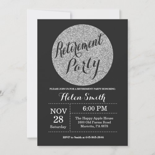 Retirement Party Black and Silver Glitter Invitation