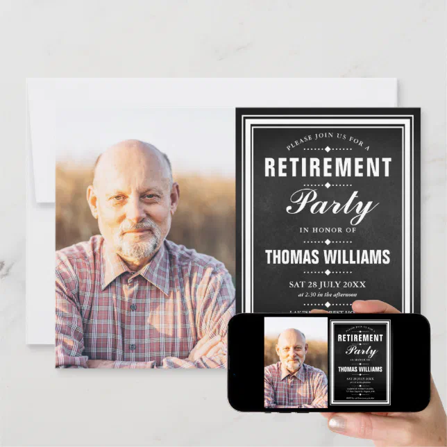 Retirement Party Black And White Chalkboard Photo Invitation | Zazzle