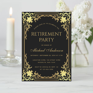 Retirement Party Black Elegant Faux Gold Vintage Invitation