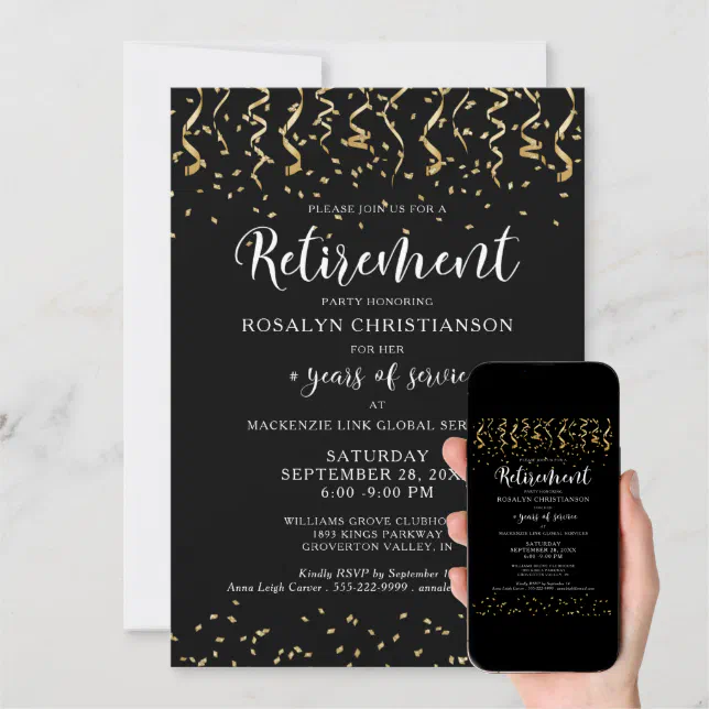 Retirement Party Black Gold Confetti Script Invitation | Zazzle