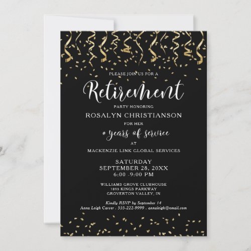 Retirement Party Black Gold Confetti Script Invitation