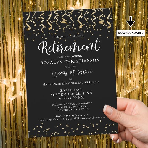 Retirement Party Black Gold Confetti Script