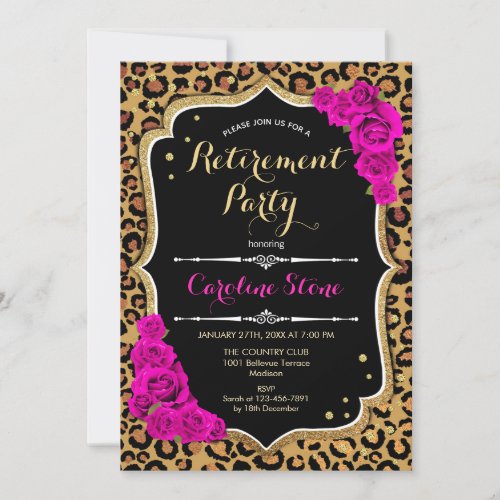 Retirement Party _ Black Pink Gold Leopard Print Invitation