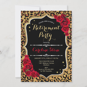 Retirement Party - Black Red Gold Leopard Print Invitation