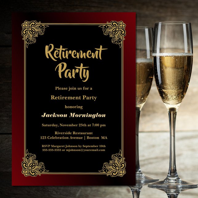 Retirement Party Black Red with Gold Frame Invitation (Creator Uploaded)