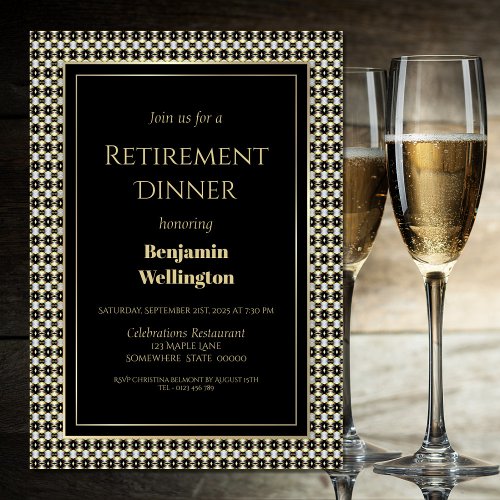 Retirement Party Black White and Gold Dinner Invitation