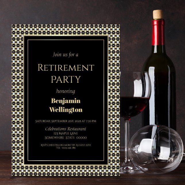 Retirement Party Black White and Gold Invitation (Creator Uploaded)