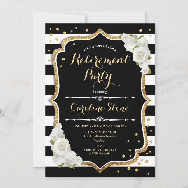 Retirement Party - Black White Stripes Invitation (Front)