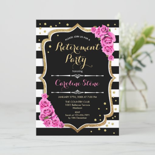 Retirement Party - Black White Stripes Pink Roses Invitation | Zazzle