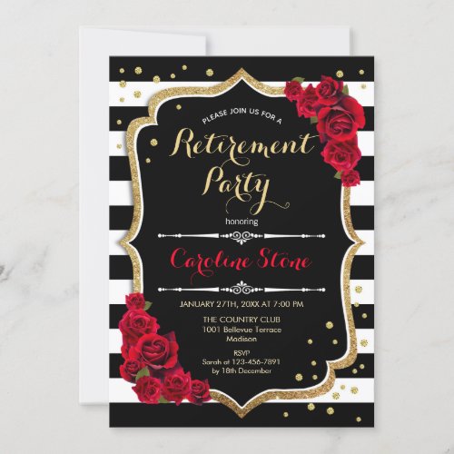 Retirement Party _ Black White Stripes Roses Invitation