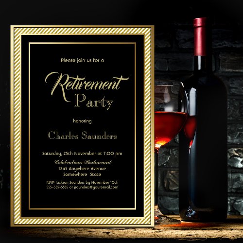Retirement Party Black with Gold Frame Invitation