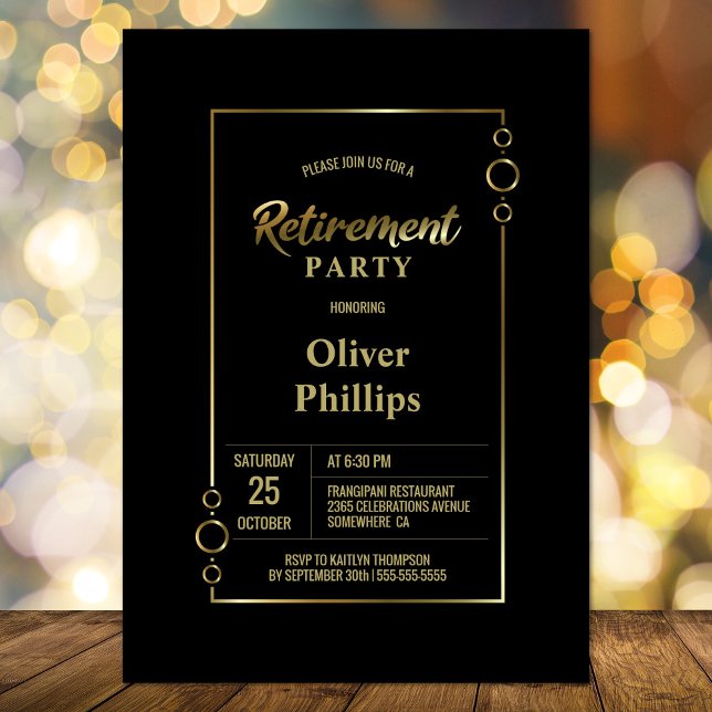 Retirement Party Black with Gold Frame Party Invitation (Creator Uploaded)