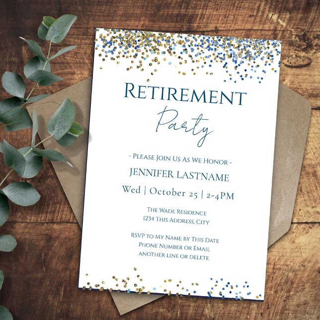 Retirement Party Blue and Gold Confetti  Invitation (Creator Uploaded)