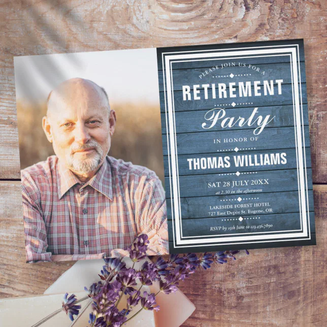 Retirement Party Blue Rustic Wood Photo Invitation | Zazzle