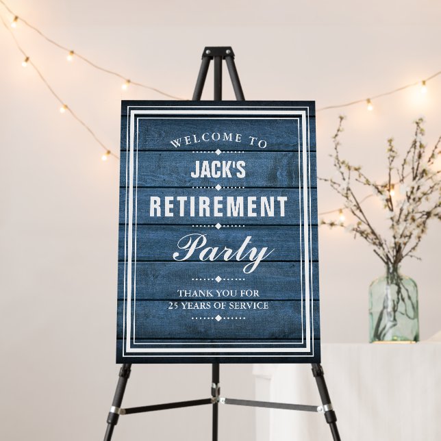 Retirement Party Blue Rustic Wood Welcome Sign (In Situ (Stand))