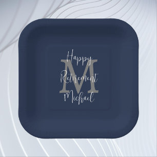 Retirement Party Blue White Gray Name Monogram Paper Plates