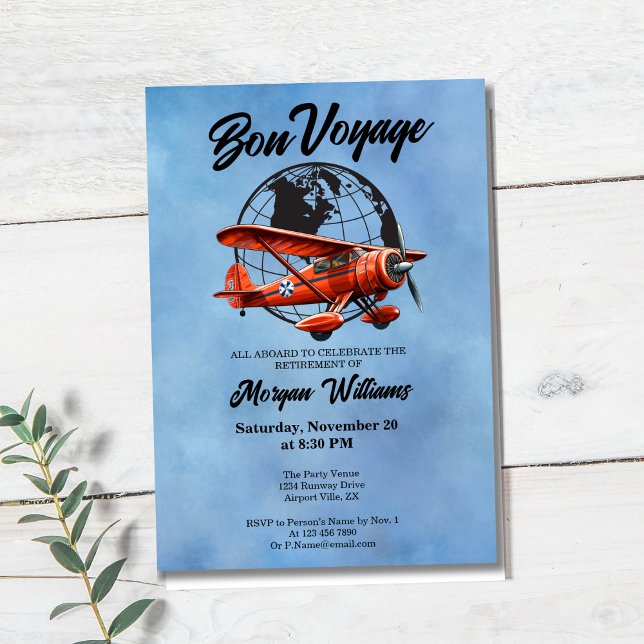 Retirement Party Bon Voyage Travel Globe Plane  Invitation (Creator Uploaded)