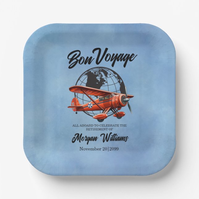 Retirement Party Bon Voyage Travel Globe Plane  Paper Plates (Front)