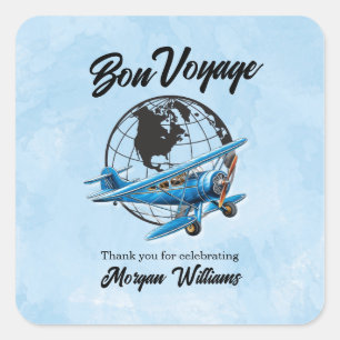 Retirement Party Bon Voyage Travel Globe Plane Square Sticker
