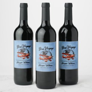 Retirement Party Bon Voyage Travel Globe Plane  Wine Label