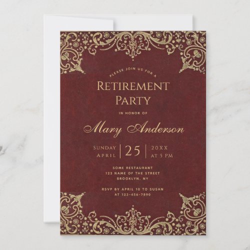 Retirement Party Burgundy Gold Vintage Elegant  Invitation